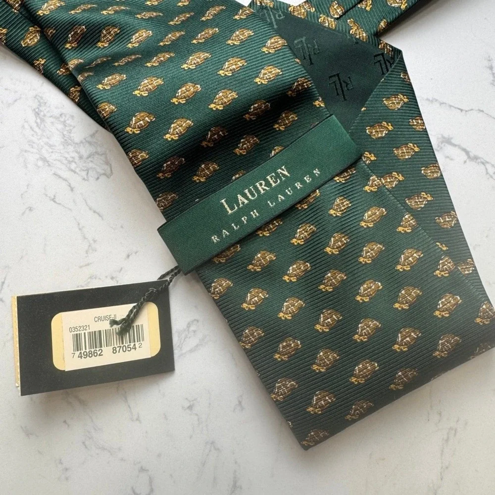 Lauren Ralph Lauren Men Silk Tie Green Turtle Animal Print CRUISE-II Made in USA